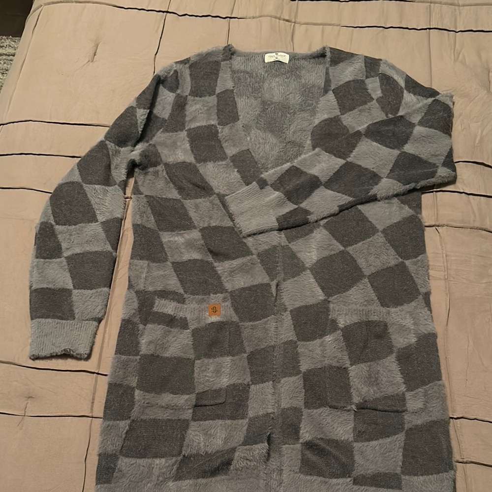 Gray Checkered Cardigan